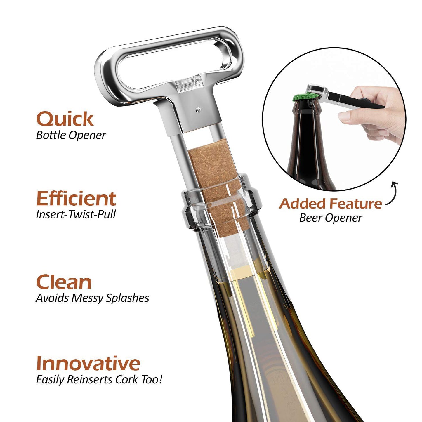 Wine Popp Two Prong Wine Cork Remover with Bottle Opener - Professional Stainless Steel Puller